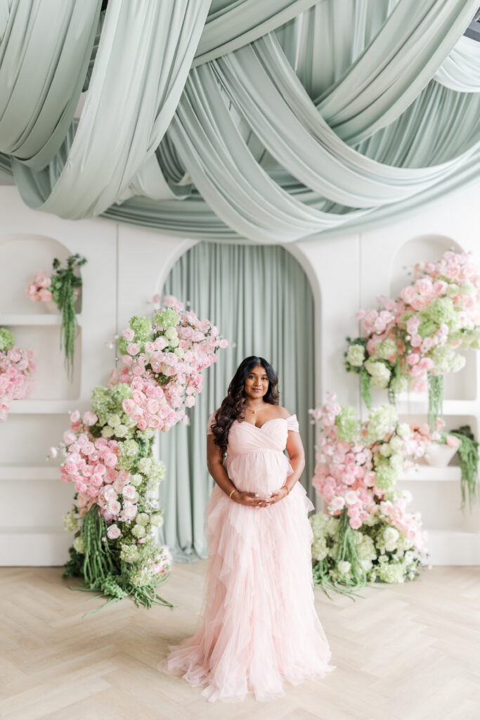 Mother with flowing dress in Mint Room Studios Maternity Session Toronto